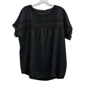 Black Swiss Dot Lace Blouse XL Sheer Boho Cottagecore Short Sleeve Top